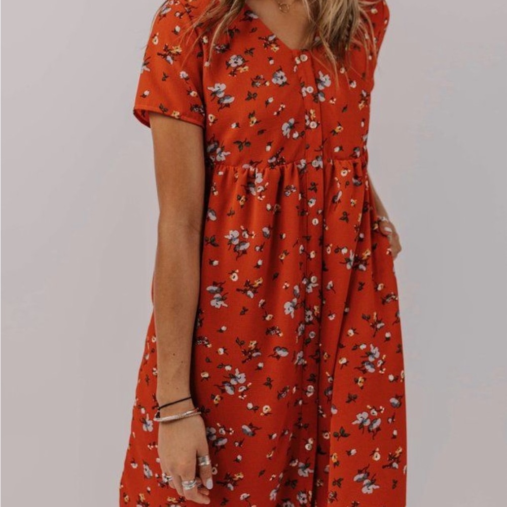 Roolee Red Floral Button Down Midi Dress